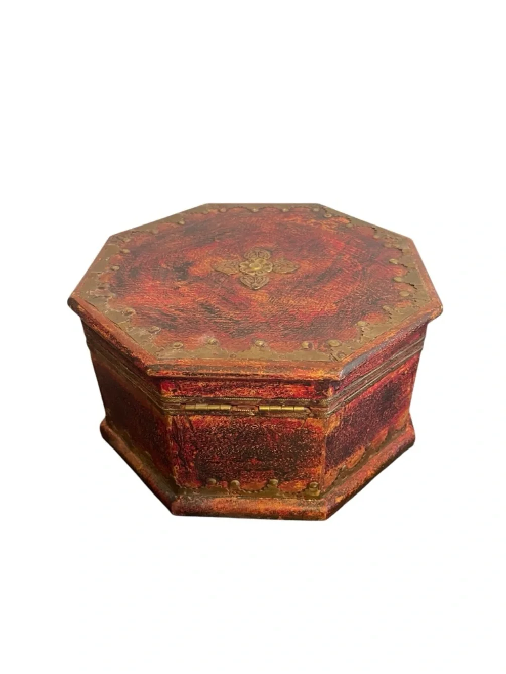 Vintage Red Octagonal Wooden Keepsake Box Brass Studded Jewelry Chest Distressed